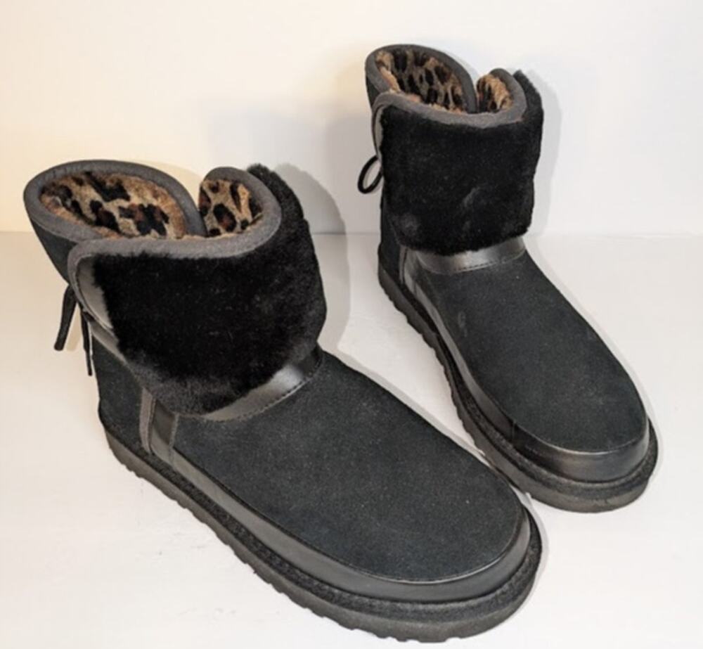 UGG Women's 10 Classic Leopard Lined Bow Black Suede Boots Animal Print 1105354